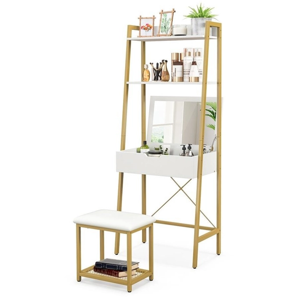 Costway Ladder Vanity Table Stool Set Makeup Desk Dressers Open Shelf &amp; Compartment Bedroom Living