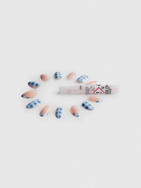 PS... Almond Gingham Check French Tip Gloss False Nails