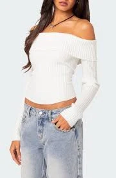 Lauren Foldover Off the Shoulder Rib Sweater