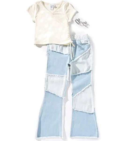 Tween Diva Girls' Faux Wrap Ribbed V-Neck Patchwork Jeans