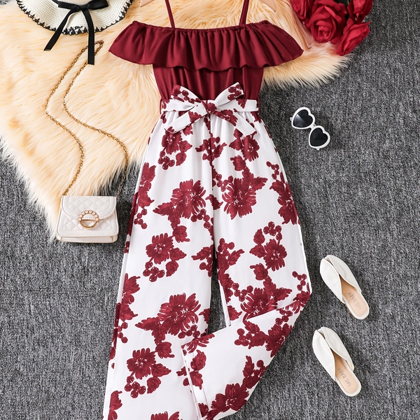 Girl's Wine Red Floral Print Off-Shoulder Ruffle Waist-Tie Jumpsuit with Flared Wide-Leg Pants for a Slimming Effect, Perfect for Outdoor