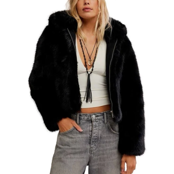 Free People Louder Please Faux Fur Hooded Jacket