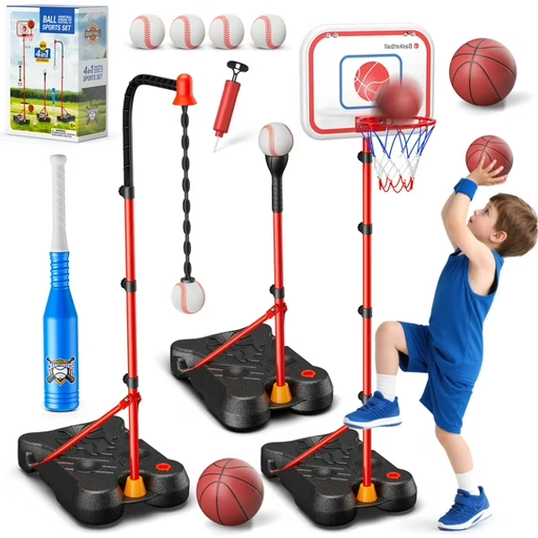 UQN 3 In 1 Kids/Toddlers Basketball Hoop,Baseball&T-Ball Sets for Kids 3-5,Adjustable Height, Indoor/Outdoor Sports Toys Gifts for Boys Girls Ages 2 3 4 5 6 7 8 Years Old, Christmas Birthday Gift.