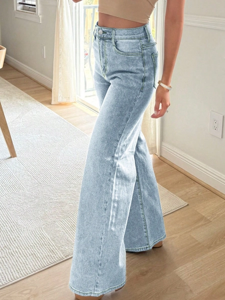 Women's High - Waisted Wide Leg Jeans, Vintage Washed Loose Denim Pants With Side Studs, Casual/Workwear