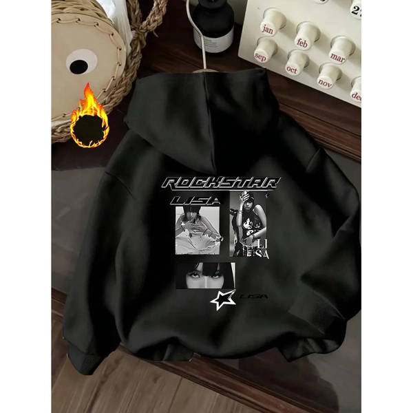 1pc Sweat à capuche en polaire imprimé personnage LISA pour femmes, Veste ample et tendance de style coréen pour l'automne et l'hiver, Haut polyvalent et décontracté, Tenue de couple, Le cadeau de vacances parfait