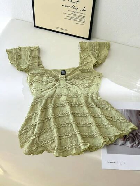 Elamini Spring/Summer Square Collar Doll Texture Casual Loose Waist Trimming Women T-Shirt