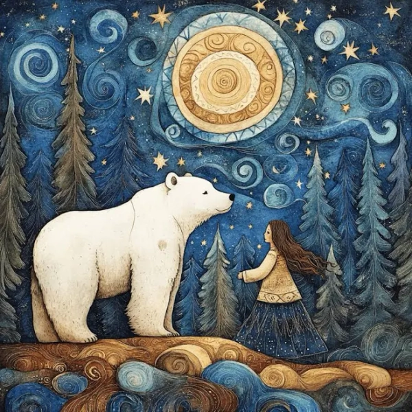 8 Starry Night Nursery Art, Kids Room Decor, Large Square Artwork, Digital Download, Bear and Girl Fantasy Print, Whimsical Wall Art