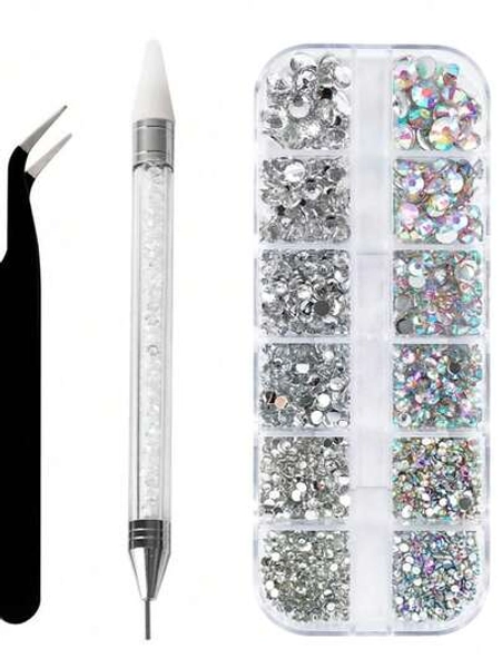 12 Grids 6 Sizes Clear Rhinestones In 6 Sizes Flatback Shiny Crystal Ab Nail Art Gems With Tweezer And Rhinestone Picker Dotting Pen Nail Art Tools For Nails, Face Eye Makeup, Craft Nail Supplies Nails Nail Charms