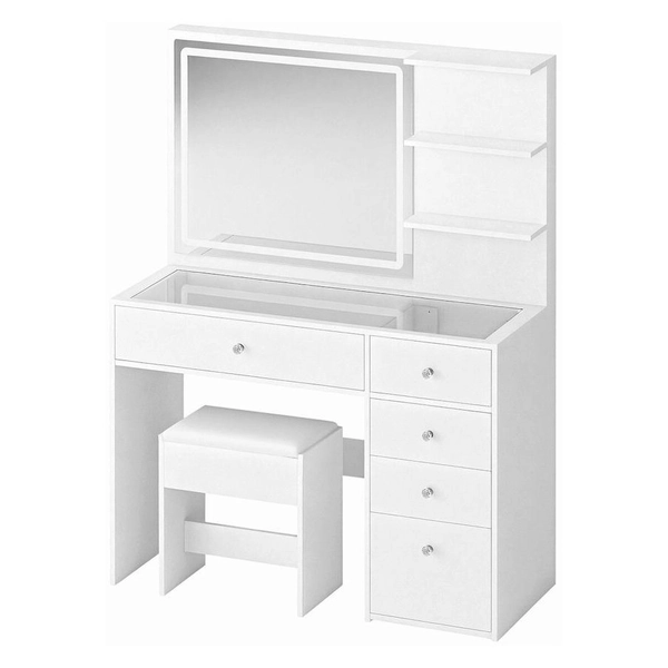 Dressing Table Stool Set Vanity Dresser White Makeup Desk Bedroom Furniture LED Lighted Mirror 3 Lighting Colours 5 Drawers 2 Shelves Glass Tabletop