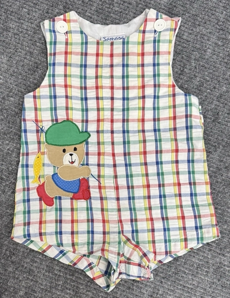 Vintage Samara Baby Romper 18mo Plaid Teddy Bear Fishing Jon Bubble Snap 1980s