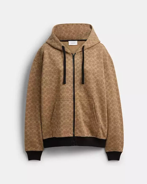 Tan Signature All Over Signature Zip Hoodie In Organic Cotton