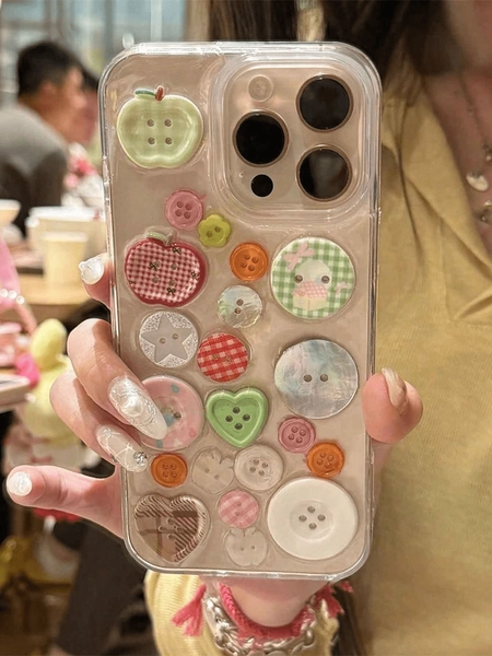 3D Colorful Button Compatible With IPhone Apple 16 Case, 15 Pro Max Case, New 13/14 High-End Protective Cover Shockproof, Random Button Creative Transparent Resin Dopamine Women P Waterproof Anti-Fall Scratch Resistant