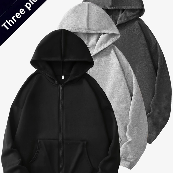 3pcs Set European and American Autumn Winter Loose Drop Shoulder -Lined Thickened Warm S Casual Zipper Women's Sweatshirt Hoodie Cardigan