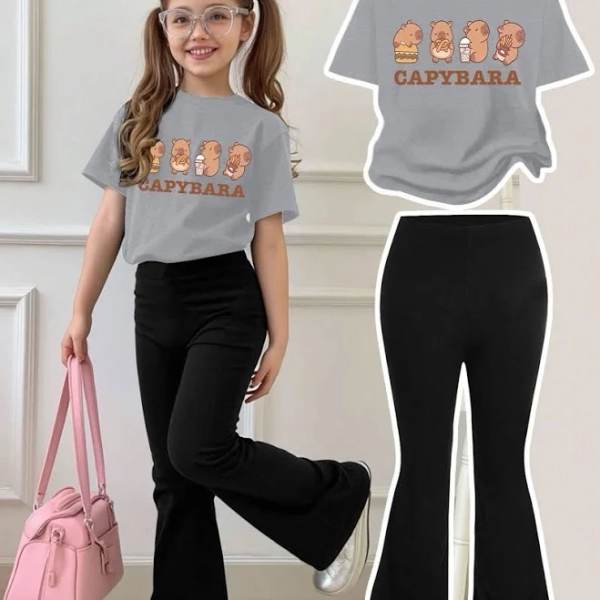 Girls' Trendy Round Neck Capybara Print Casual Set