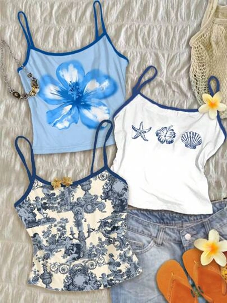 Attitoon 3pcs/Set Women's Vintage Inspired Vest Top With French Blue Angel Statue, Blue Floral Watercolor, And Blue Shell Print, Suitable For Summer Vintage, Casual, Sexy, Cute, Y2K, Coconutgirl, Boho Hawaii Outfits Women Cute Beach Tops Suitable For Going Out