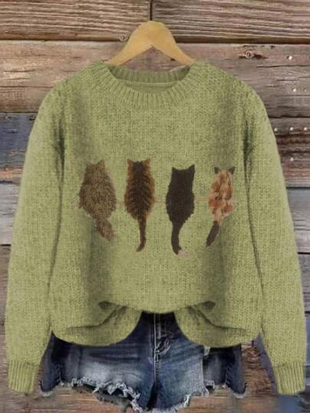 Round Neck Contrast Color Cat Print Loose Casual Knit Pullover Top