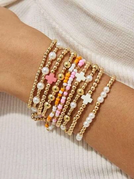 10pcs/Set Vintage Style CCB Beads And Faux Pearl Charm Bracelets, Cross Decor Elastic Stretch Bracelet Stack, Suitable For Women Everyday And Holiday Wear, Gift Jewelry (Colored Beads Order Not Fixed, Follow Actual Item)