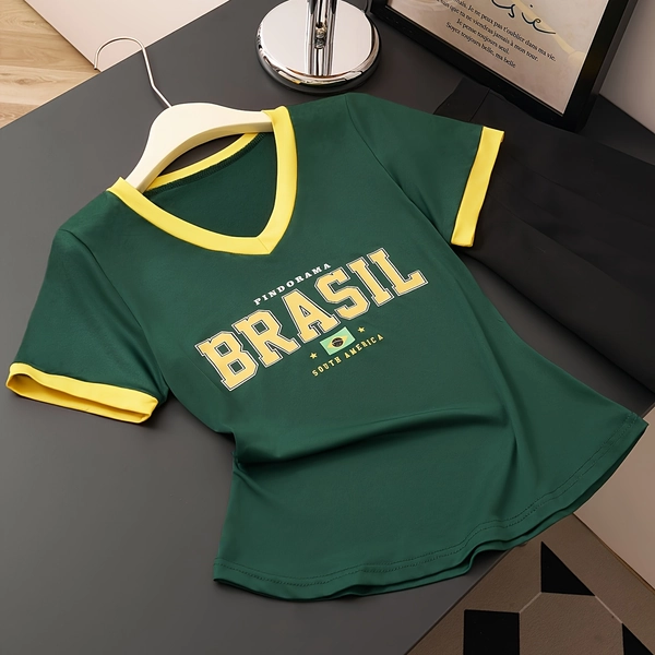 ' Y2K Retro Brazil Graphic T-Shirt - Green & Yellow Color Block V-Neck Tee with Brazil Lettering, Casual Streetwear Essential for Spring/Summer/Fall, For Teenager, For Teenager