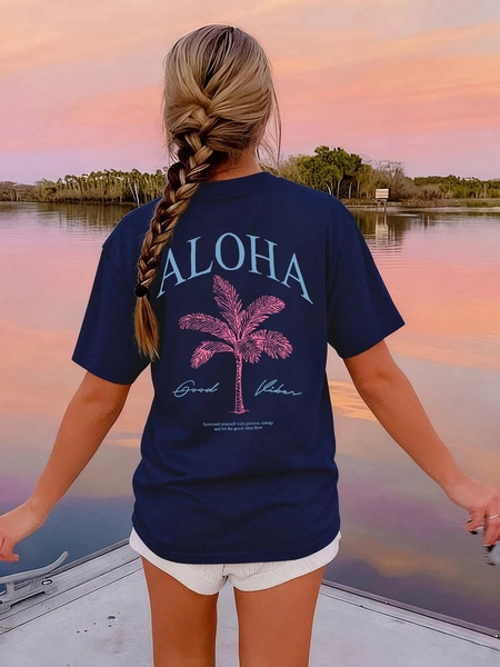 Women's Spring/Summer New Palm Tree Slogan Print Casual Round Neck Short Sleeve T-Shirt, Fashionable Resort Style, Your Daily Essential Item. Graphic Tee, Vacation
