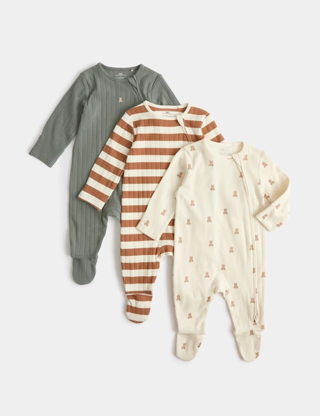 3-6 Months - 3 Pack Bear Wide Stripe Sleepsuits