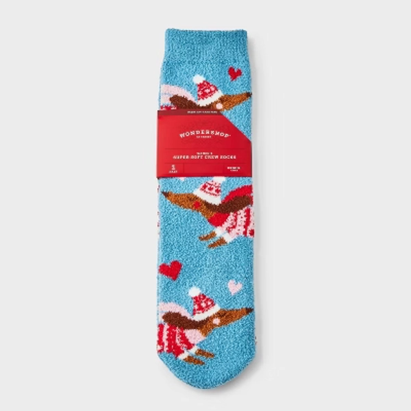 Women's Winter Dachshunds Christmas Cozy Crew Socks with Gift Card Holder - Wondershop™ Blue/Pink 4-10