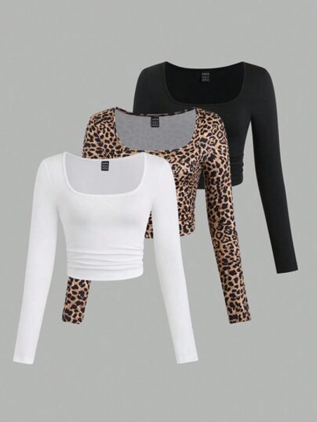 Sweetra Women's Spring/Summer Square Neck Long Sleeve Sexy Y2K Leopard-Print Casual T-Shirt Fall Cloth For Women