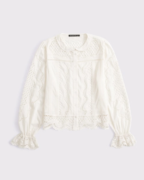Long-Sleeve Eyelet Lace-Trim Top