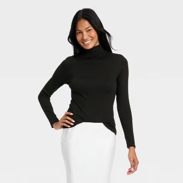 Women's Long Sleeve Ribbed Turtleneck Top - A New Day™ Black M