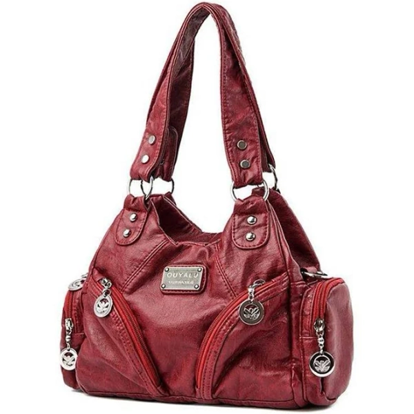 Faux Leather Shoulder Handbag with Metal Accents