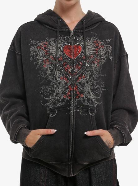 Winged Heart And Dagger Washed Girls Hoodie