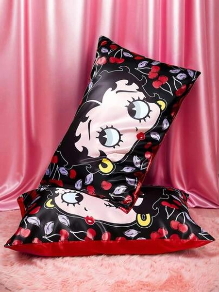 Betty Boop x SHEIN 2pcs Pillowcase Set, Taffeta Fabric, Comfortable & Cooling, Cherry & Cartoon Figure Graphic Black Pillow Cover, Smooth & Wrinkle-Resistant, Gentle On Hair & Skin, Cherry Pattern,Gift Ideas,Party,Holiday,Valentine's Day