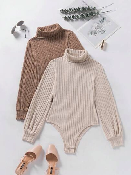 2pcs Solid Color Turtleneck Striped Knit Jumpsuit