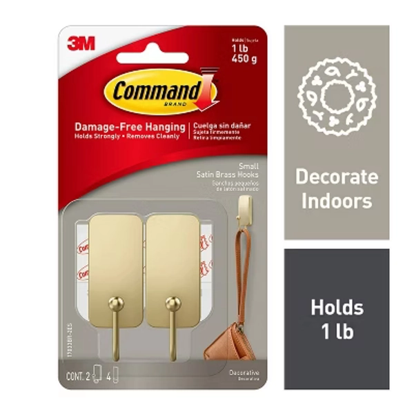 Command 2ct Small Damage-Free Hooks - Satin Brass