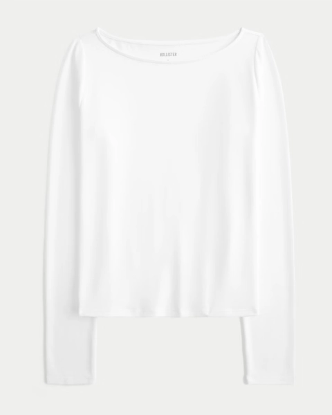 Long-Sleeve Seamless Fabric Slash-Neck Top