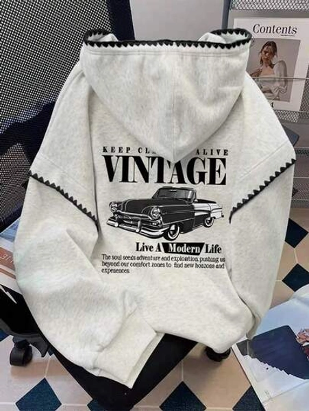 INAWLY Women's Sweatshirts/ Casual Retro Car Prints/Casual Simple And Fashionable Sweatshirts/Fashionable Tops/Fun Sweatshirts/Loose Fit Round Neck Long-Sleeved Sweatshirts Suitable For Autumn And Winter/Women's Spring Pullovers, Women's Lace Hooded Sweatshirts, Long-Sleeved Tops, Back-To-School Autumn And Winter Clothing Hoodies
