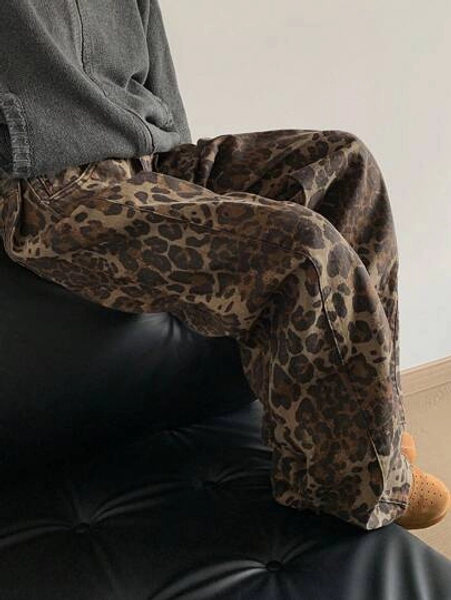 DAZY Women Straight Loose Wide-Leg Long Jeans, Casual Street Style Cheetah Print Low Rise Jeans