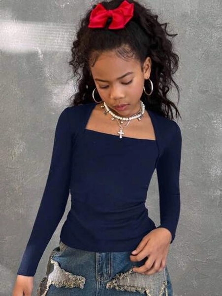 Coolane Tween Girls Fall Fashionable Snug Fit T-Shirt With Raglan Sleeves, U-Neck, Ruched Waist, Stretchy