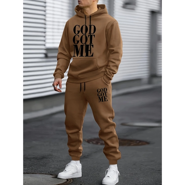 Men'S & Women'S Fleece-Lined Hoodie Set with "GOD GOT ME" Graphic Print - Green/ Geometric Pattern, Full-Zip Hooded Sweatshirt & Matching Joggers, Casual Streetwear Outfit for Spring/Fall, Unisex Thermal Clothing for Gym