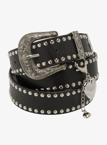 Black & Silver Stud Heart Charm Western Belt