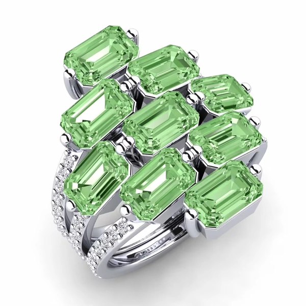 Or Blanc 14k Coupe Émeraude Diamant Vert Bague Orina