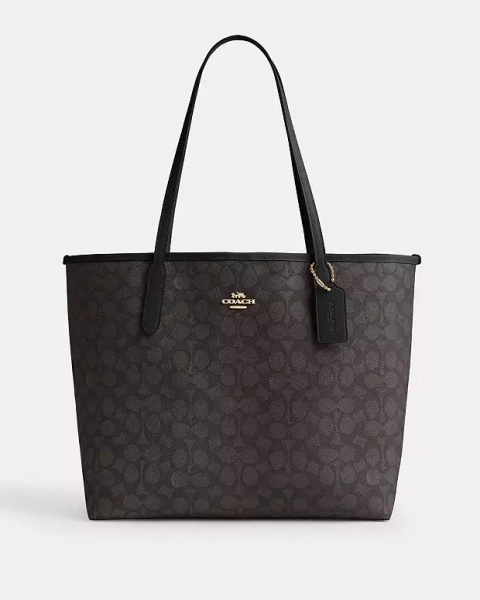 Gold/Walnut/Black City Tote Bag In Signature Canvas