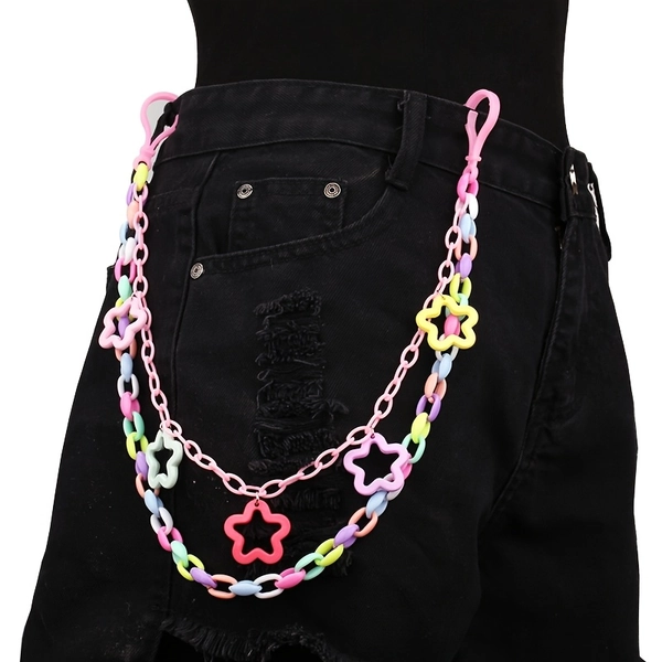 [1pc Bohemian Star Waist Chain] 1pc Bohemian Cute Adjustable Waist Chain - Multicolor Star Body Chain with Pastel Pink Yellow Blue Purple Green Orange Stars, Lightweight Durable Jewelry for Women, Pride Month Gift & Everyday Fashion Accessory, Playful Star Design, Vibrant Color Finish