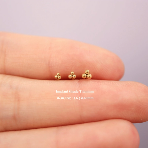 Titanium Trinity Bead Threadless Push Pin labret, Triangle Flat Back Earring, Cartilage, Conch, Helix, Nose Stud, Tragus Stud, 16G 18G 20G