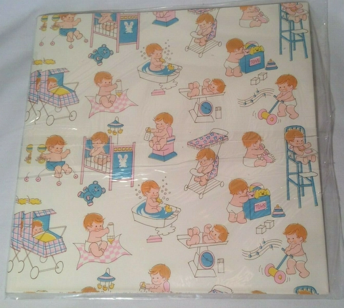 NOS 1980's Vintage Baby Toys Stroller Bathtub Crib scale Gift Wrap Paper 