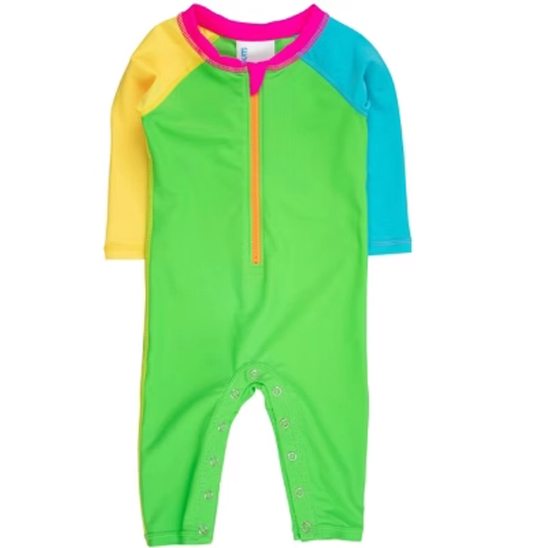 RuggedButts Baby Boys Full Length Long Sleeve Rash Guard One Piece Swimsuit - Neon Color Block, 12-18m