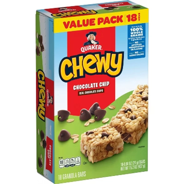 Quaker Chewy Chocolate Chip Granola Snack Bars 15.2oz/18ct: No Artificial Flavors, No High Fructose Corn Syrup