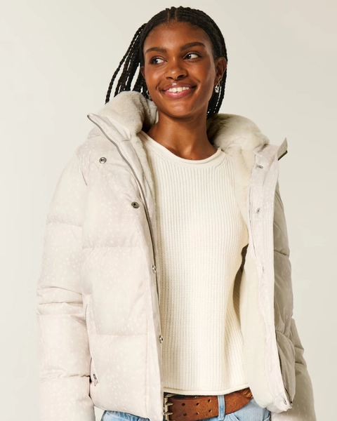 Deer Print Faux Fur-Lined All-Weather Puffer Jacket