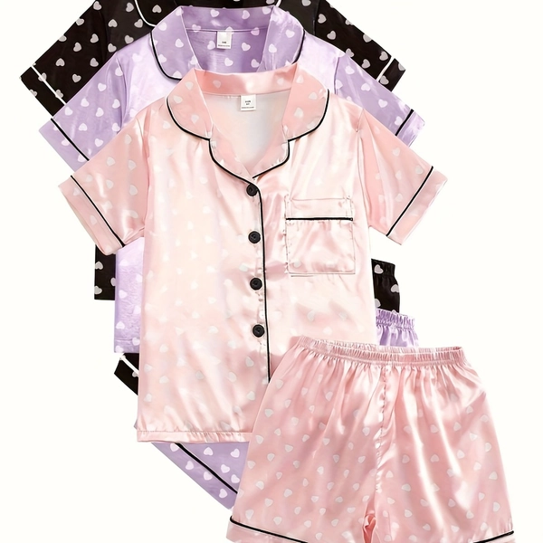 6pcs Girls' Casual Pajama Set, Short Sleeve Lapel Collar Top & Shorts, Assorted Colors with Heart Pattern, Comfortable Relaxed Fit for 8-12 Years Old, Girls Pajama Set