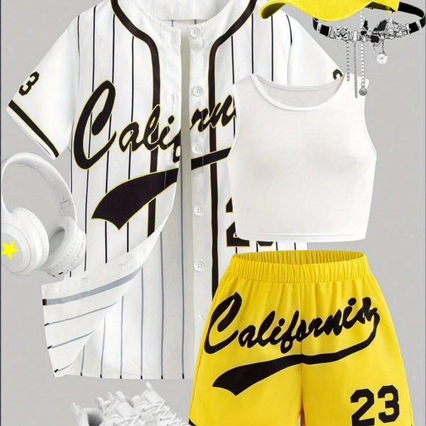 Three-Piece Set for Young Girls Featuring a Loose Jacket with Striped Retro Lettering, a Yellow Camisole, And Shorts, Ideal for Outdoor Activities