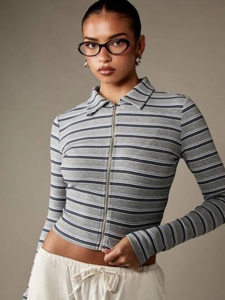 MISSGUIDED Ribbed Knit Zip Through Cardigan Crop Top Collared Long Sleeve Autumn Winter Retro Striped Fashion Preppy Style Y2K Modern Basic Essential